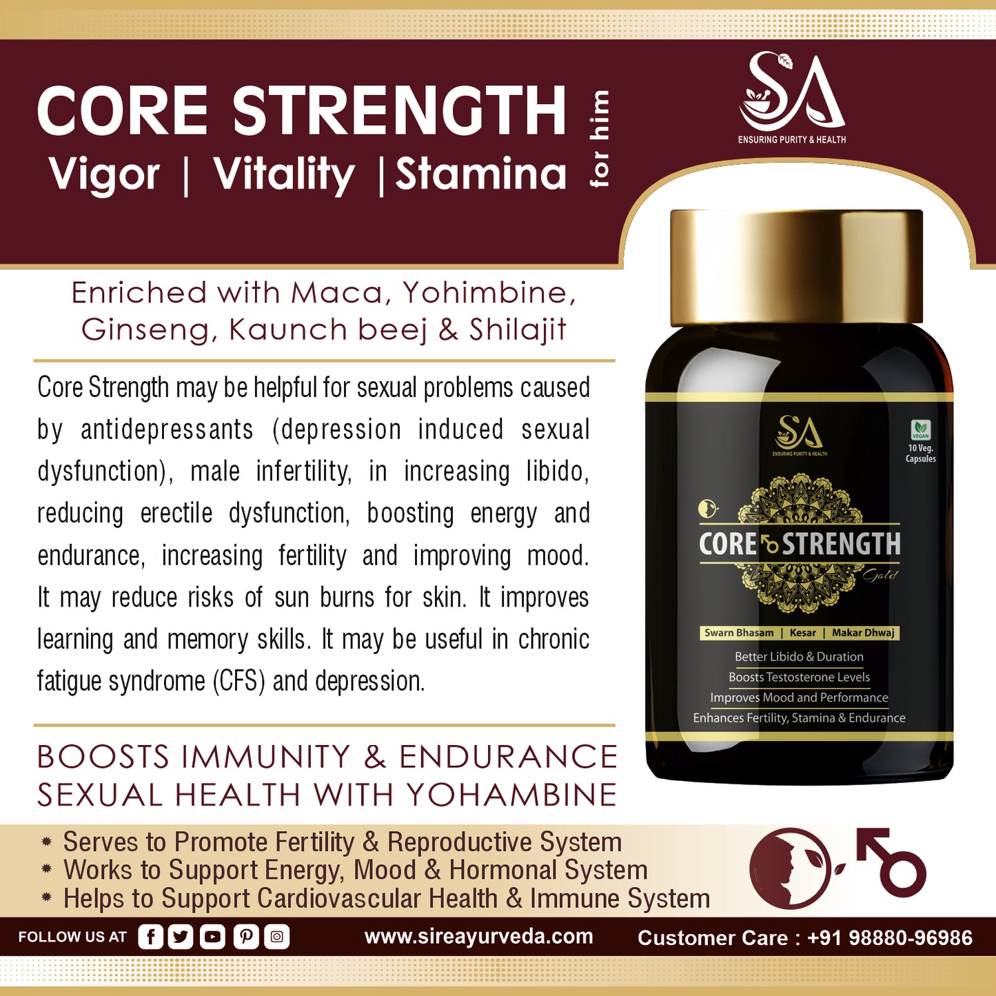 CORE STRENGTH Gold Capsules - Ayurvedic Supplement for Vitality and Stamina with Ashwagandha, Shilajit, Safed Musli, and More - 10 Capsules