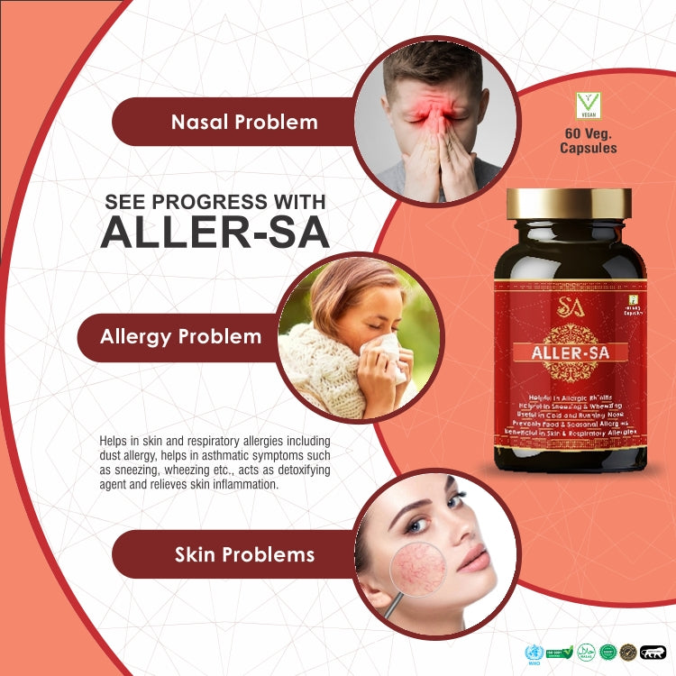 ALLER-SA | Ayurvedic Medicine for Allergy Relief | Runny Nose, Watery Eyes, Respiratory Support - 60 Veg Capsules