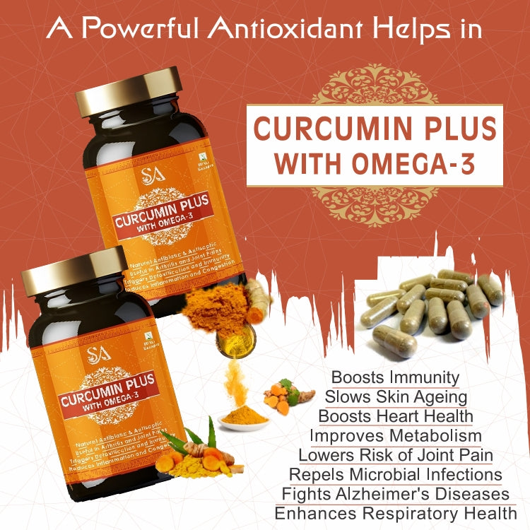 CURCUMIN PLUS WITH OMEGA- 3(Boosts Immunity & Resistance to infection ,Bone &Joint Wellness, Decreasing Workout Post Injuries, Body Detox)