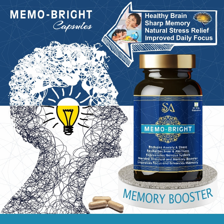MEMO-BRIGHT(Brain Booster Supplement with Brahmi Healthy Brain, Stress Relief, Improve Focus – 60 Veg Capsules)
