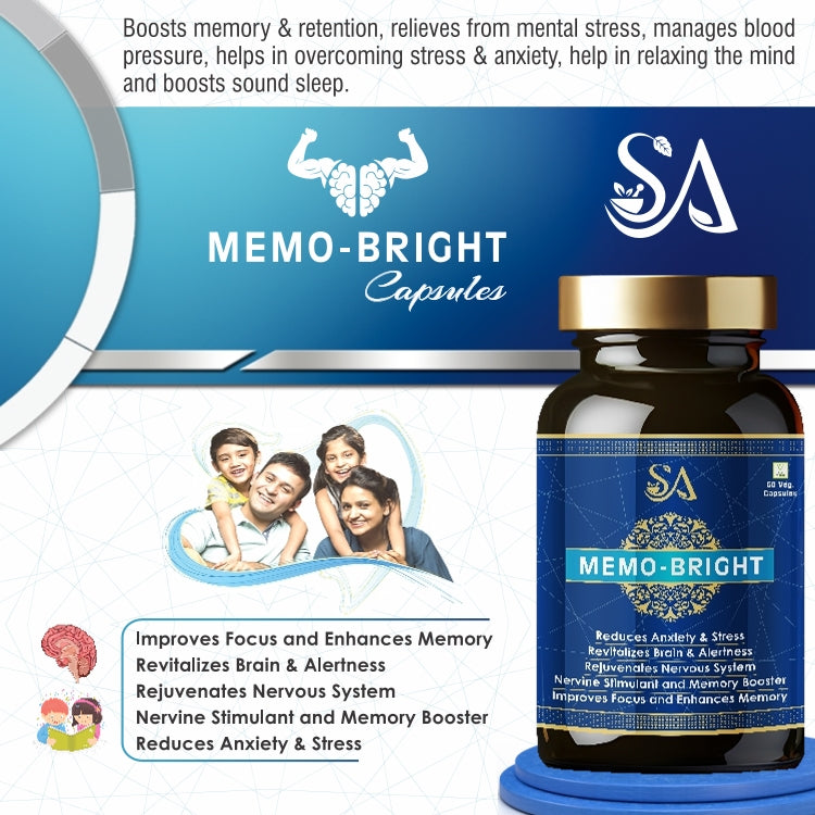 MEMO-BRIGHT(Brain Booster Supplement with Brahmi Healthy Brain, Stress Relief, Improve Focus – 60 Veg Capsules)