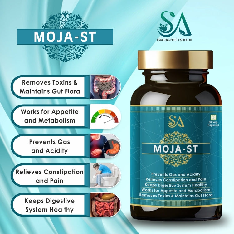 MOJA-ST(Ayurvedic Capsules for Digestion, Relieves Acidity, and Other Digestive Issues, Saunf, Jeera, Mulethi, Triphala, Pure ayurvedic Capsules 60 Veg Capsules)