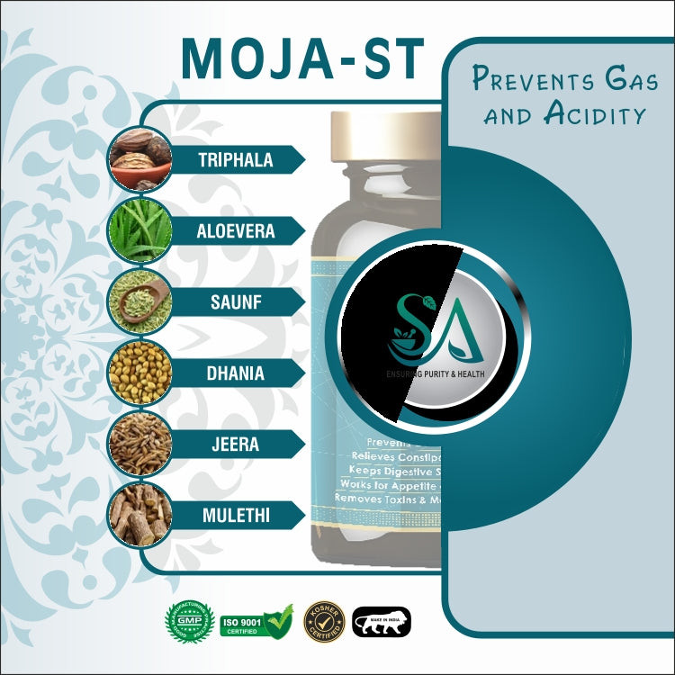 MOJA-ST(Ayurvedic Capsules for Digestion, Relieves Acidity, and Other Digestive Issues, Saunf, Jeera, Mulethi, Triphala, Pure ayurvedic Capsules 60 Veg Capsules)