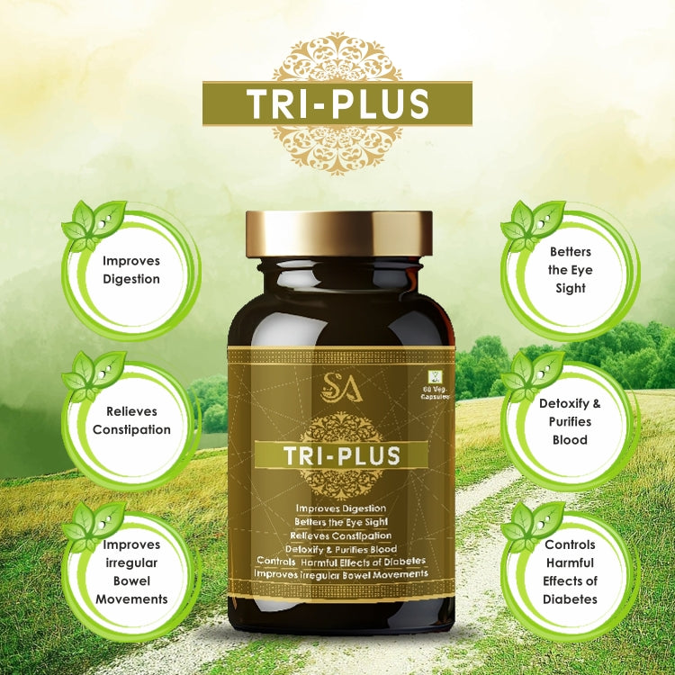 TRI-PLUS for Digestion, Relieves acidity and Other Digestive Issues, Saunf, Jatamansi, Jeera, Mulethi, Triphala, Pure Ayurvedic, Natural & Herbal Capsules for Digestive Health, Gut Balance, and Comfortable Digestion and immunity, 60 Veg Capsules)