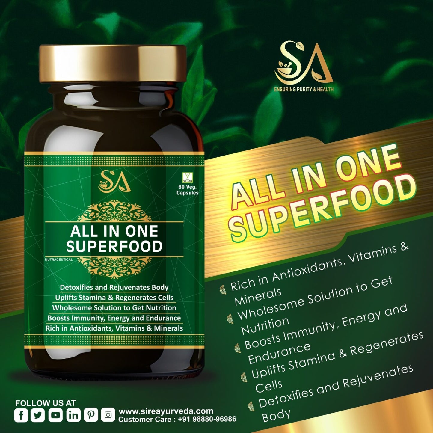 ALL IN ONE SUPERFOOD(All in one Superfood with Herbs, Veggies, Greens & Fruits Supplement | All-Natural Multivitamin & Multimineral Capsules for Men and Women | 60 Capsules)