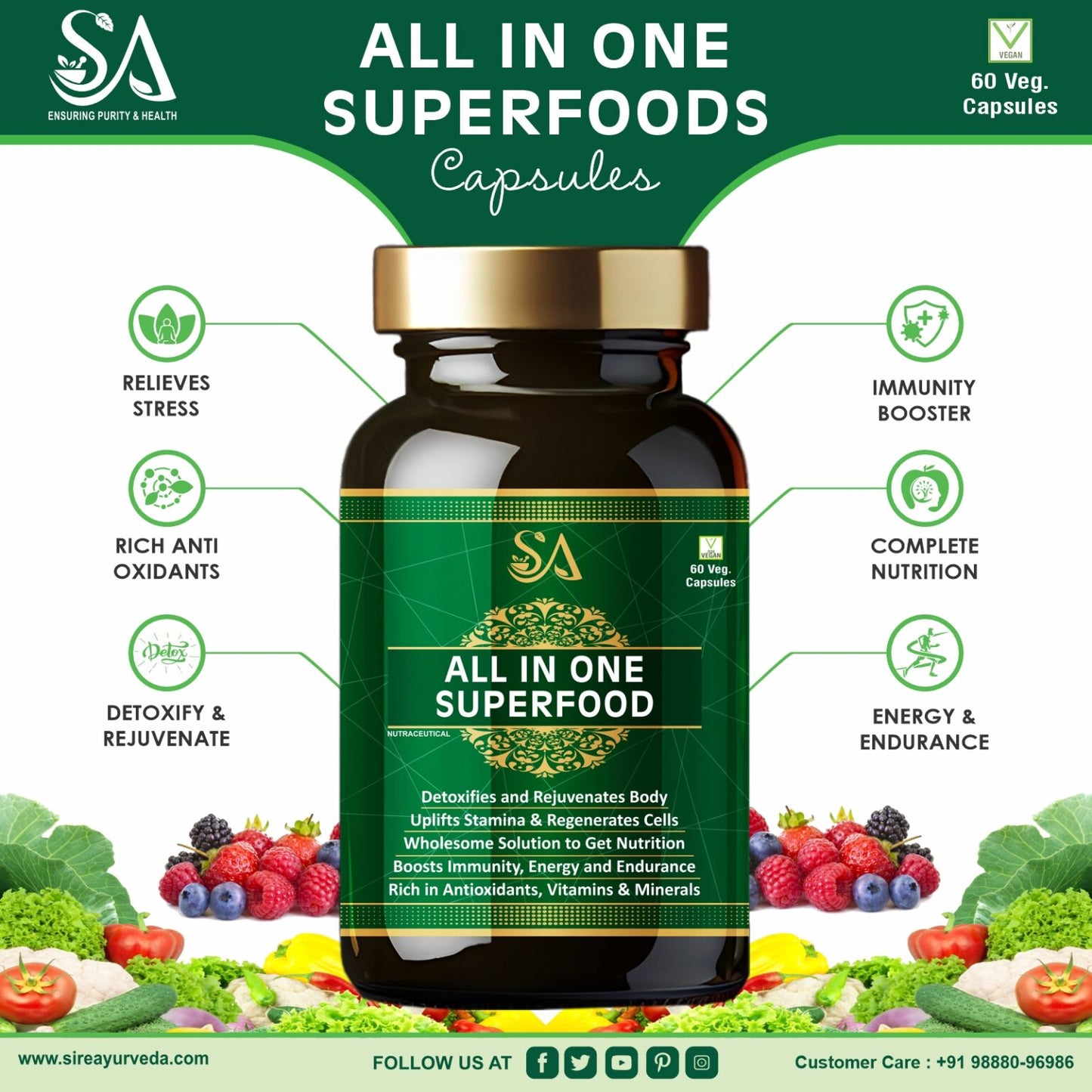 ALL IN ONE SUPERFOOD(All in one Superfood with Herbs, Veggies, Greens & Fruits Supplement | All-Natural Multivitamin & Multimineral Capsules for Men and Women | 60 Capsules)