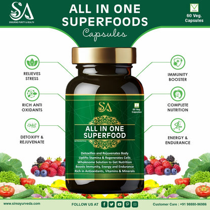 ALL IN ONE SUPERFOOD(All in one Superfood with Herbs, Veggies, Greens & Fruits Supplement | All-Natural Multivitamin & Multimineral Capsules for Men and Women | 60 Capsules)