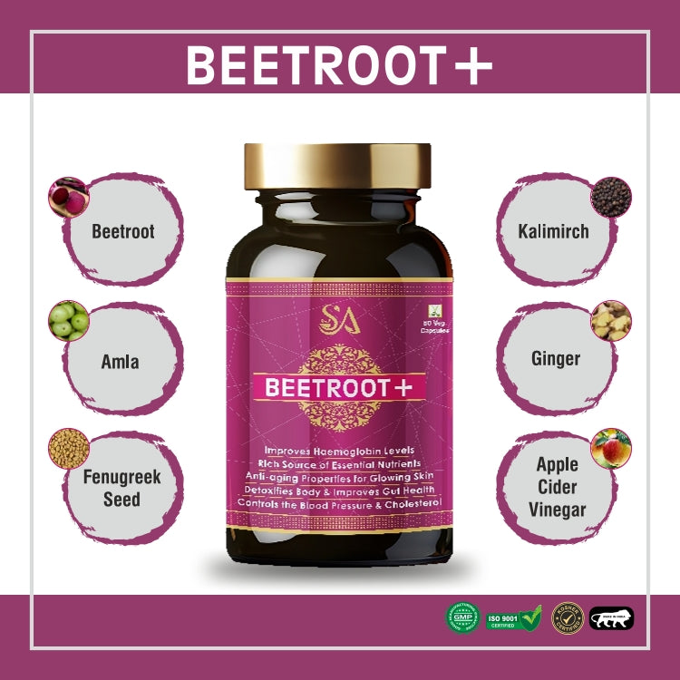 BEETROOT+(Capsules Iron Supplement, Increases Hemoglobin, Ideal for Sensitive Stomachs – Non-Constipating, Red Blood Cell Supplement, 60 Capsules)