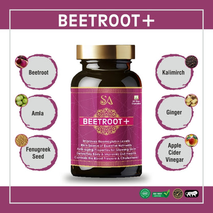 BEETROOT+(Capsules Iron Supplement, Increases Hemoglobin, Ideal for Sensitive Stomachs – Non-Constipating, Red Blood Cell Supplement, 60 Capsules)