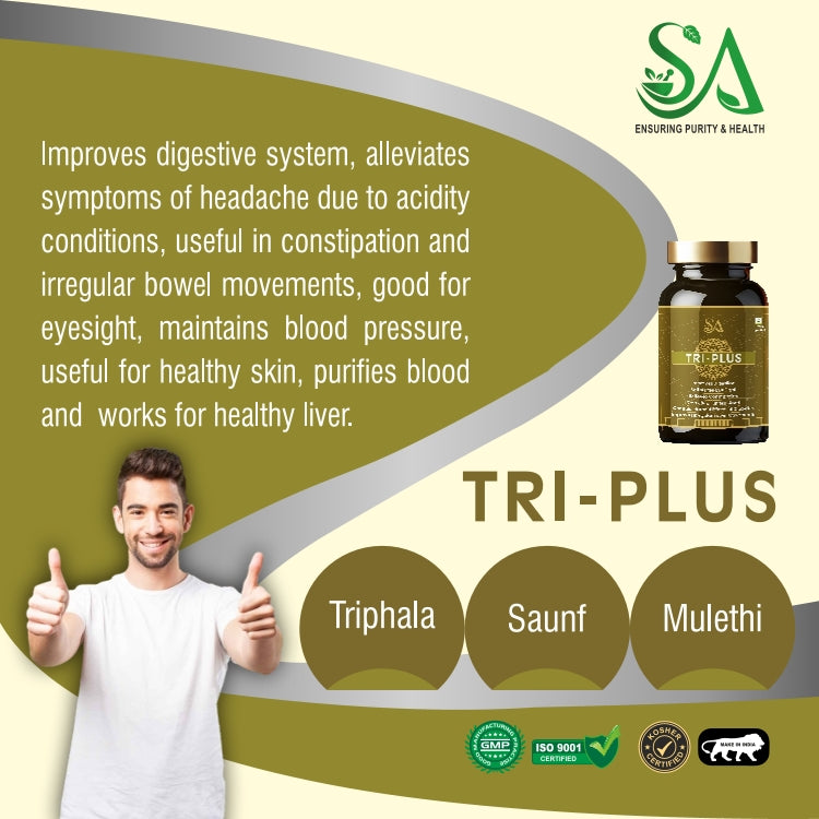 TRI-PLUS for Digestion, Relieves acidity and Other Digestive Issues, Saunf, Jatamansi, Jeera, Mulethi, Triphala, Pure Ayurvedic, Natural & Herbal Capsules for Digestive Health, Gut Balance, and Comfortable Digestion and immunity, 60 Veg Capsules)