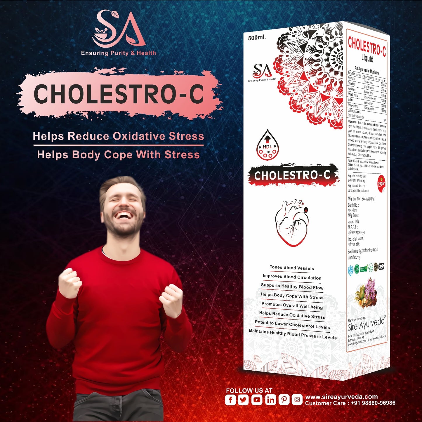 CHOLESTRO-C (Ayurvedic Supplements For Helps Blood Cholesterol & Sugar Level, A Powerful Blend Of Natural Ingredients Extra Strength Formula) 500ml